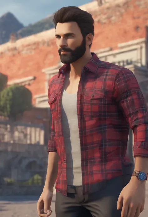 Homem, short to medium hair, barba por fazer, pele morena, olhos castanhos, olheiras, wearing black and red plaid shirt with a basic gray shirt underneath, super detalhe