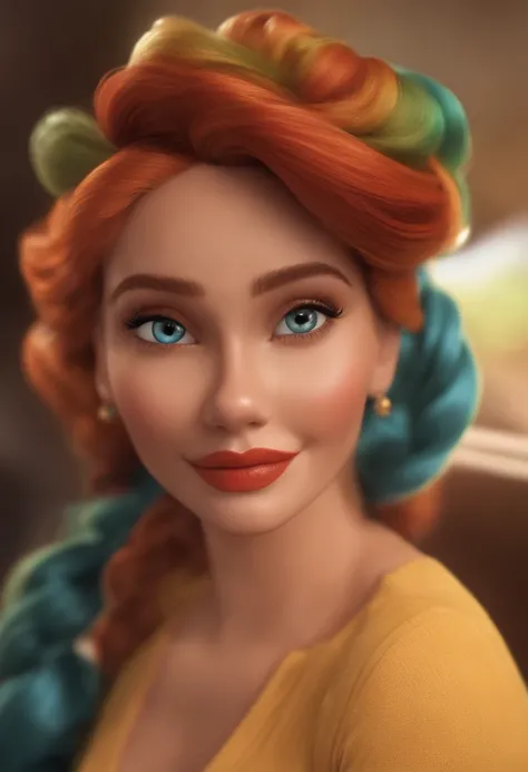 Imagem estilo Pixar com personagem 3D mulher branca cabelo liso comprido, segurando um bolo com velinhas de 40 anos, Maquiagem Disney,Pescador, bonitinho, sorridente ,Close-up, Pixar, Disney, Cinema lighting,