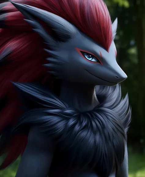 real e621, photorealistic, masterpiece, zoroark_(pokemon), looking at viewer, sharp blue eyes, full body portrait,