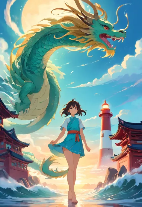 chinesedragon,the ocean，God girl，lighthouse， Art Nouveau style illustration, Detailed sky, chinapunk, Explanatory narrative,Graphic painting, temple, Visual poetry