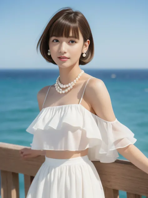 Beautiful 20 year old woman。White wind、She wears a white off-the-shoulder shirt with white ruffles。White miniskirt、kindly smile、Her hair is a straight short bob、(Straight Short Bob、((On-eyebrow bangs))、Bob with only one ear out、hight resolution、​masterpiec...