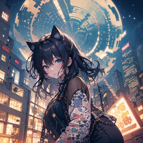 ultra detailed game CG, (High resolution:1.1),(absurderes:1.1), 1girl in, Little Girl, Cats ears，Solo, Simple Anime, nightcity, Overlooking the night view from a height