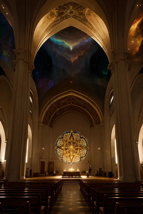 Interior of a celestial space, surrounded by divine light. God, in His majesty, is at the center, emanating love and wisdom.