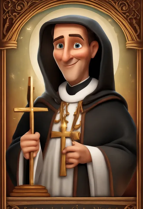 A Disney pixar-inspired movie poster with title "(St. Vincent Pallotti)". (Roman Catholic priest, saint, 55 years old, thin, short, a little stooped, has hair only on the back of his head, long and thin nose.  He dresses in a black cassock without buttons,...