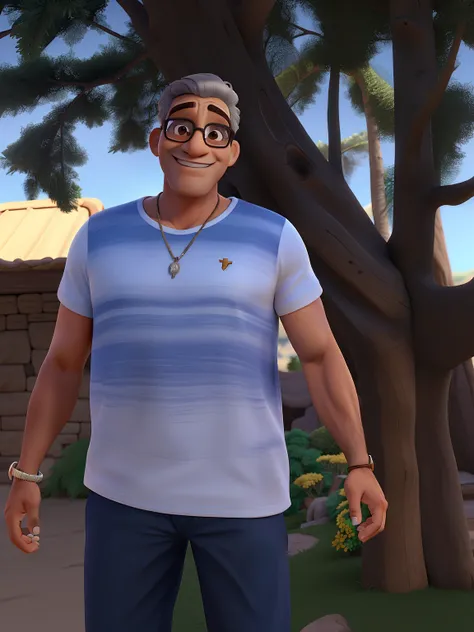 Um homem um pouco velho, alegre, usando oculos, estilo disney, alta qualidade, melhor qualidade