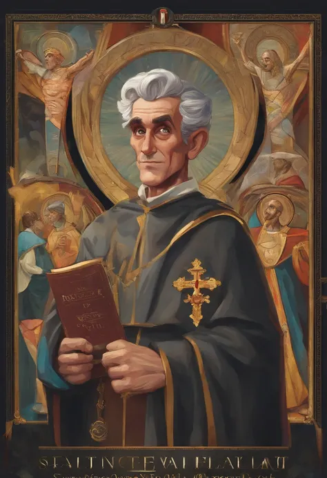 A Disney pixar-inspired movie poster with title "(St. Vincent Pallotti)". (Roman Catholic priest, saint, 55 years old, thin, short, a little stooped, has hair only on the back of his head, long and thin nose.  He dresses in a black cassock without buttons,...