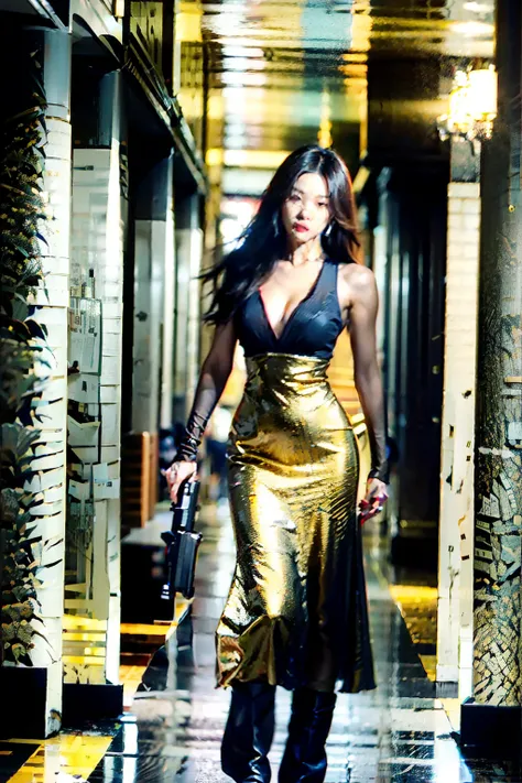 Chinese woman in golden dress standing in hallway, movie still of a villain cyborg, jacky tsai style, Human soldiers, hand gun, inspired by Tang Sin Yun Sandara, shot on anamorphic lenses, syndicate(2012), rendering of beauty pageant, library of babel, Kin...