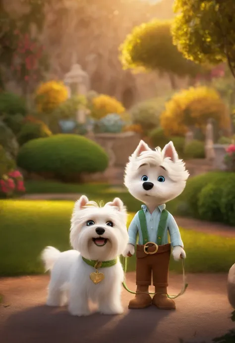 Um filme inspirado na Disney Pixar SOUL (homem branco, olhos verdes, orelha colada cabelo curto castanho claro jogado para o lado direito, without glasses) Standing with a Westie dog with lasso inside The scene being in the distinctive art of the PIXAR sty...