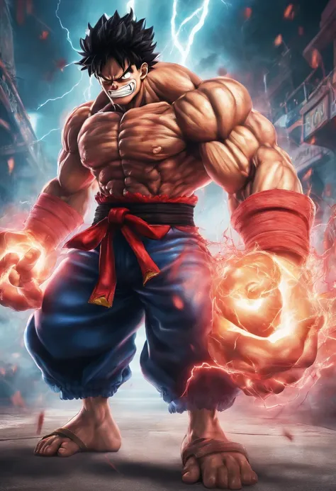 3d realistic rendering of Luffy Gear 4, surrounded by lightning, big muscular, full body photography, hyperrealistic