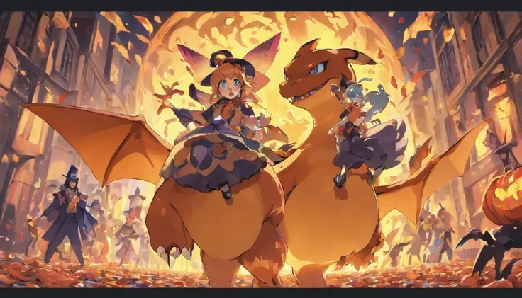 Charizard has fun celebrating Halloween and handing out candy with friends