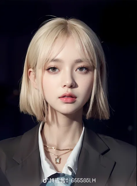 Chica rubia de ojos azules y traje gris, Peinado blanco de corte hime, con el pelo corto, Chica con el pelo corto y blanco, Retrato realista kawaii, Retrato de Jossi de Blackpink, Retrato de Kpop Idol, portrait of female Korean idol, flequillo blanco, Jove...