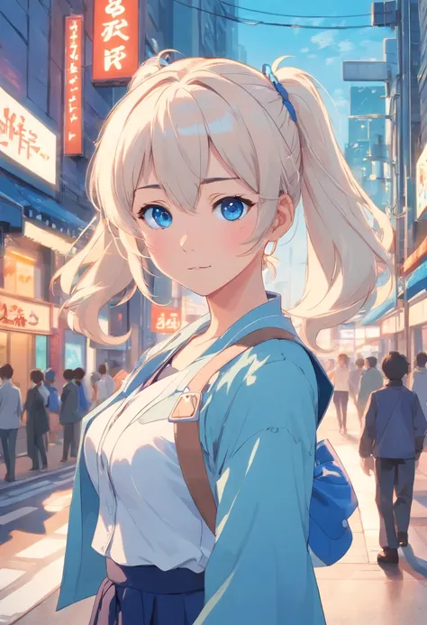 whaite hair，Double ponytail curls，blue colored eyes，White Lolita，Beth，Busy city streets