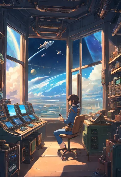 The steampunk look of the spaceship. Through the window，You can see the landscape of an alien planet, The entire space is filled with work consoles with electronics and screens, Full-HD