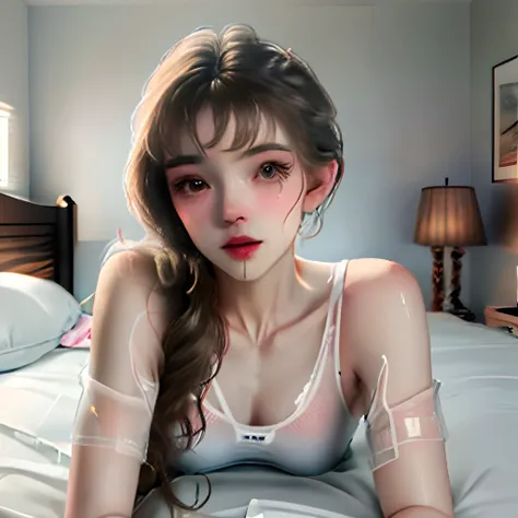 onbed，Get wet，in white transparent underwear，Three-point erotic underwear，The face is petite and shy，Medium chest，The legs are slender，spread their legs，The details are obvious，Lie down，Desire for sex