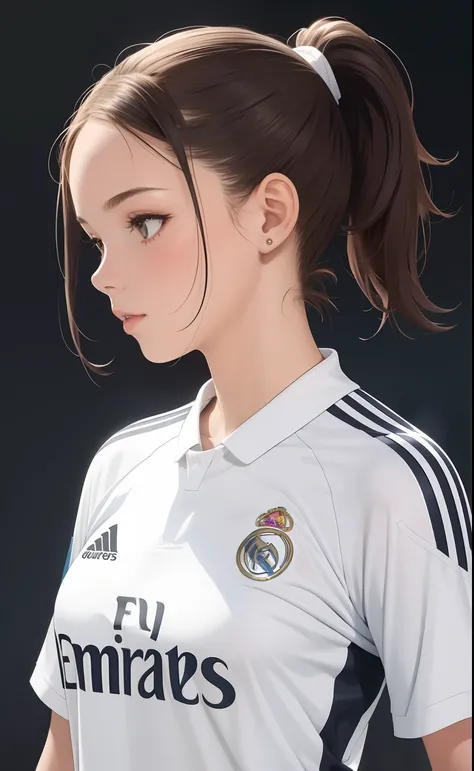 1girl, solo, real madrid jersey, ponytail hair, high tight