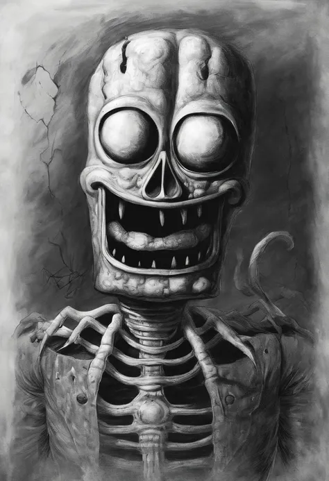 A sketch drawing of character Spongebob, hyper-realistic, artistic, all black and white