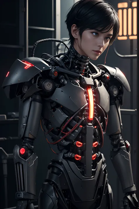 1 Only the upper body was hung,The skeleton and internal circuits of the machine are built,Mechanical Boy,((super realistic details)),and countless cables extending from the back,Glowing red camera eye,A small sparkling blue crystal on the left chest,Half ...