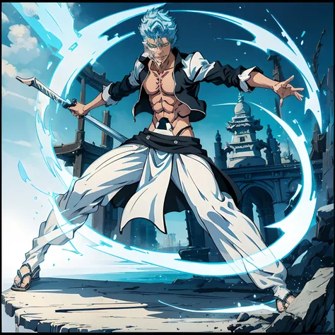 Battle stance grimmjow, masterpiece, high details, seductive look, full body picture, temple background