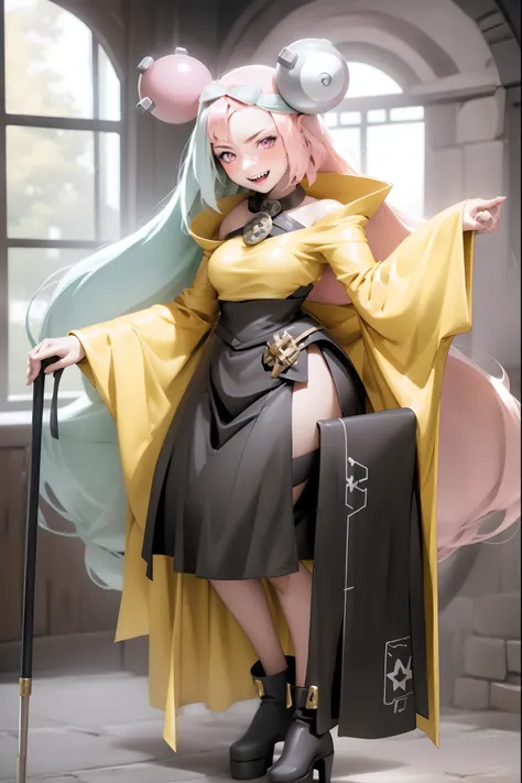 iono,1 girl,pink eyes,solo,smile,open mouth,fangs ,indoors,woman-medieval-clothes, priestess, staff holding, smile, long skirt, large skirt, full body,horns, armor, boots