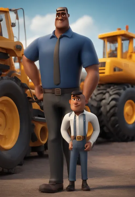 personagem dos desenhos animados de um homem branco com uma camisa preta, um personagem animado, pose de personagem, que represente uma empresa, Personagem 3D, In front of heavy machinery, industriais, estilo Pixar, com alta qualidade.