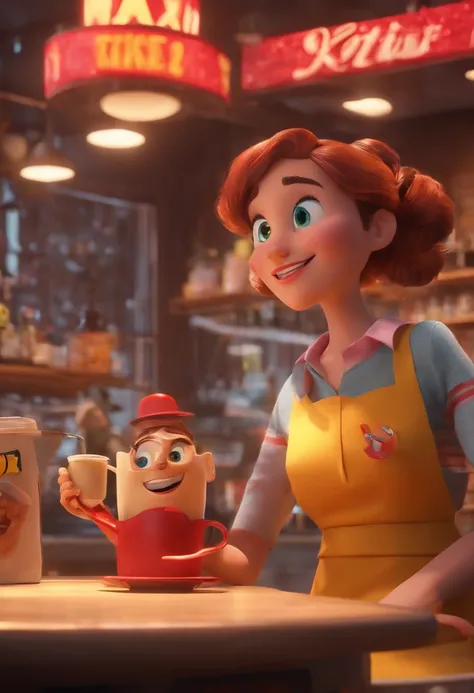 a 3d animation  poster movie style disney pixar with coffee shop with waitress at the counter