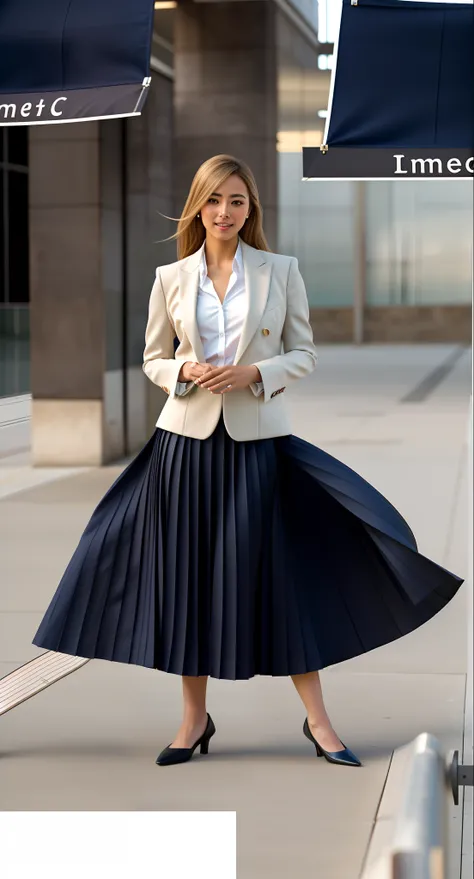 (shy:1,2) (smiling;1,1) woman playing with skirt, dancing, wearing short blazer and very very detailed (long (fully pleated) full circle skirt) and (simple) low heeled office shoes, very very intricate hyper-detailed symmetric (attractive graceful young fe...