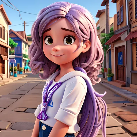 Uma menina jovem,vinte anos de idade,cabelos longos,imagem estilo pixar,....3D e jesus ao fundo.