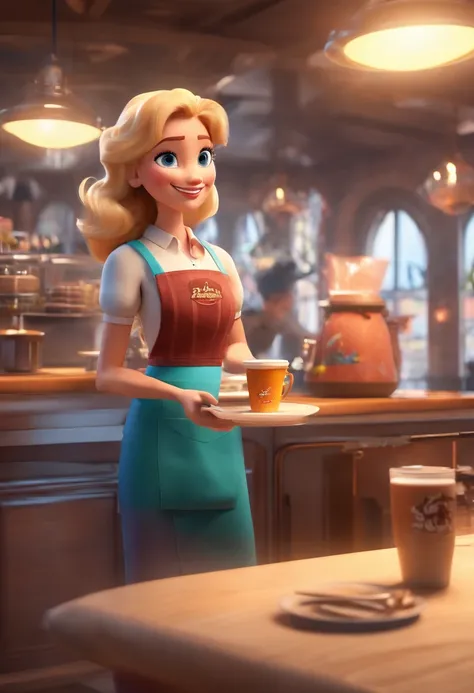 a 3d animation poster movie style disney pixar with blonde-haired waitress serving coffee at the counter of a coffee shop