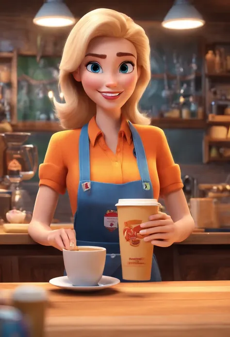 a 3d animation poster movie style disney pixar with blonde-haired waitress serving coffee at the counter of a coffee shop