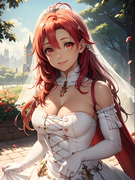 1girl hair between eyes, ahoge, tanned skin, red eyes, red hair, star \(symbol\), hair ornament, dress, cleavage, bare shoulders...