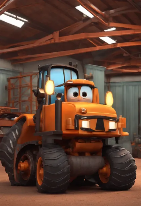 Single cartoon character, homem com uma camisa preta com gola, um personagem animado, pose de personagem, que represente uma empresa, Personagem 3D, In front of heavy machinery, industriais, estilo Pixar, com alta qualidade.