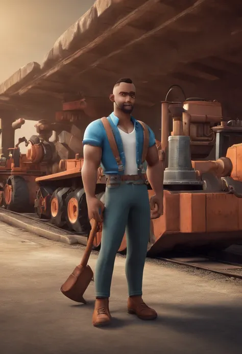 Single cartoon character, homem com uma camisa preta com gola, um personagem animado, pose de personagem, que represente uma empresa, Personagem 3D, In front of heavy machinery, industriais, estilo Pixar, com alta qualidade.