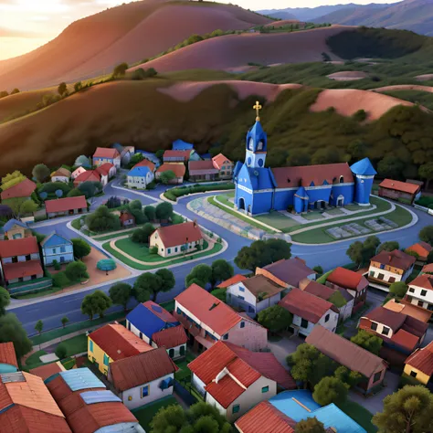 Paisagem de pequena cidade vista de cima, com igreja azul e casas. No estilo Disney pixar