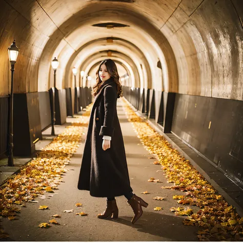 As if、In the middle of the promenade that looks like a tunnel of autumn leaves、A beautiful French female model is taking a graceful pose。
Full body portrait、