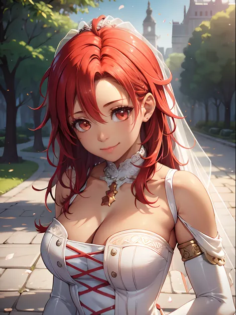 1girl hair between eyes, ahoge, tanned skin, red eyes, red hair, star \(symbol\), hair ornament, dress, cleavage, bare shoulders...