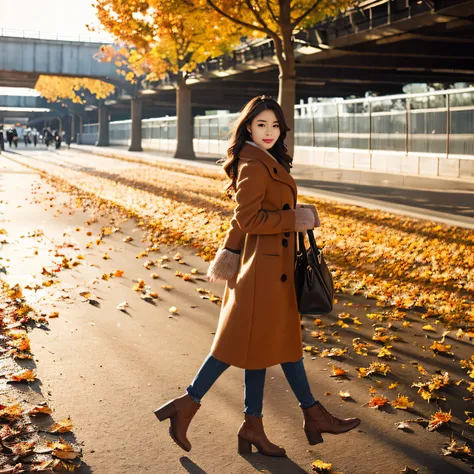 As if、In the middle of the promenade that looks like a tunnel of autumn leaves、A beautiful French female model is taking a graceful pose。
Full body portrait、