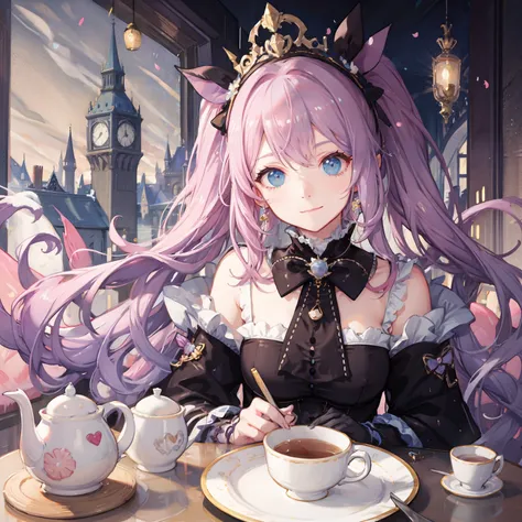 (Cute illustration:1.5), Cute girl with a smile on her face, With twin tails、Hair color is pink , Blue pastel color outfit、Castles , tea parties、a cake、 macaroons、donut、cookies、black tea、cute little、Cute 、Dolce、fluffly、Dolce、Pale shades