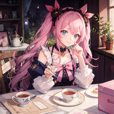 (Cute illustration:1.5), Cute girl with a smile on her face, With twin tails、Hair color is pink , Blue pastel color outfit、Castles , tea parties、a cake、 macaroons、donut、cookies、black tea、cute little、Cute 、Dolce、fluffly、Dolce、Pale shades