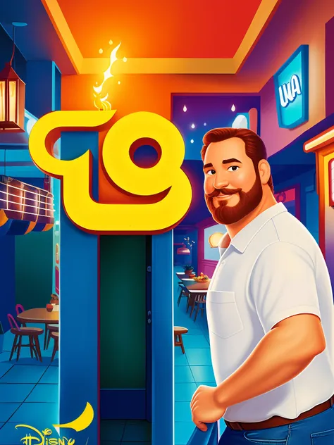 Poster no estilo Disney pixar, alta qualidade, melhor qualidade, homem sexy branco, 40 anos cabelo ruivo barba ruiva, musculoso, com fundo em um restaurante a luz de velas