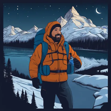 1 man((upper body selfie, best quality, ultra-detailed, solo, outdoors, (night), mountains, nature, (stars, moon) cheerful, happy, backpack, sleeping bag, camping stove, water bottle, mountain boots, gloves, sweater, hat, flashlight