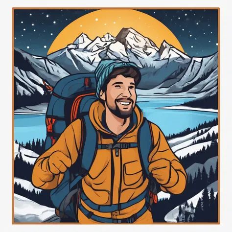 1 man((upper body selfie, best quality, ultra-detailed, solo, outdoors, (night), mountains, nature, (stars, moon) cheerful, happy, backpack, sleeping bag, camping stove, water bottle, mountain boots, gloves, sweater, hat, flashlight