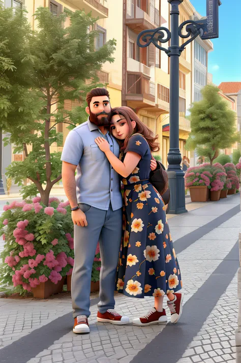 A man with a big beard hugging a woman, com uma rua ao fundo