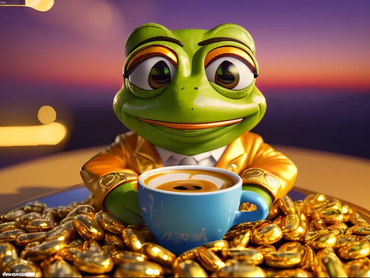 (best quality,4k,8k,highres,masterpiece:1.2), ultra-detailed, (realistic, photorealistic, photo-realistic:1.37), Cartoon Pepe frog in suit, goldpills, smiling, cup of coffee, sunrise, vibrant colors, soft lighting, golden pills, magical atmosphere