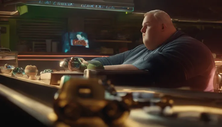 A VERY FAT MAN WITH A DRIVE PLAYING VIDEO GAMES 20 YEARS OLD, IL A DE LA SUEUR SUR LUI ET IL EST SALE