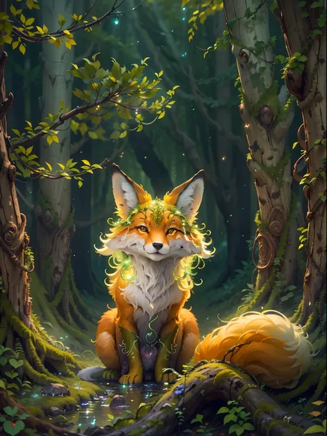 (best quality,4k,8k,highres,masterpiece:1.2),ultra-detailed,(realistic,photorealistic,photo-realistic:1.37),detailed eyes,detailed features,large ears,nine-tailed fox,beautiful,striped fur,graceful,noble,bright eyes,sharp teeth,young,vibrant colorful fur,e...