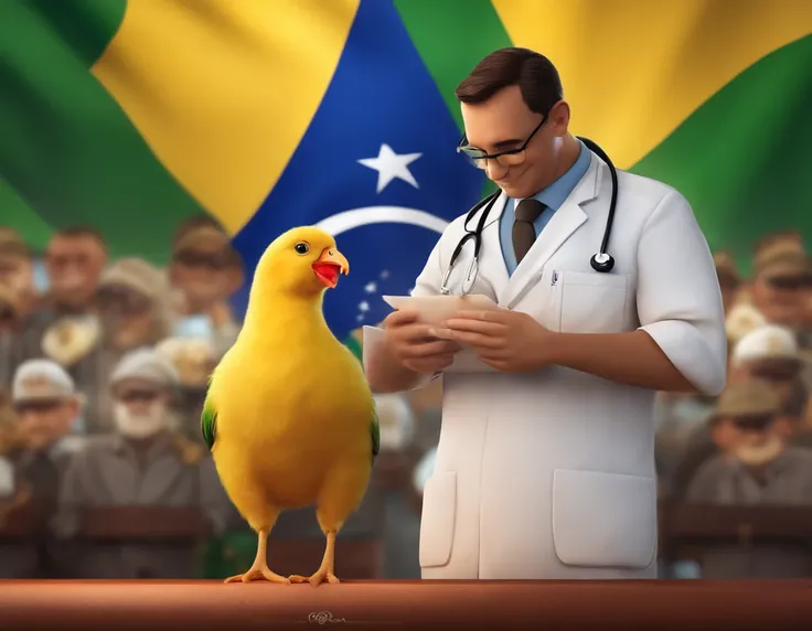 Disney Pixar style post of a veterinarian holding chick with Brasilia National Congress background and Brazil flag written [cna jovem]