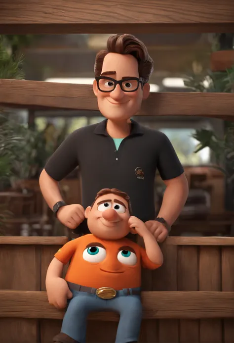 filme Marketing 2023 estilo filmes Pixar, Com nome Gabriel", poster, Com cabelos curtos morenos mais claros, covinhas na bochecha, Transparent frame glasses, sorriso largo, and a black polo shirt in front of his crossed arms.