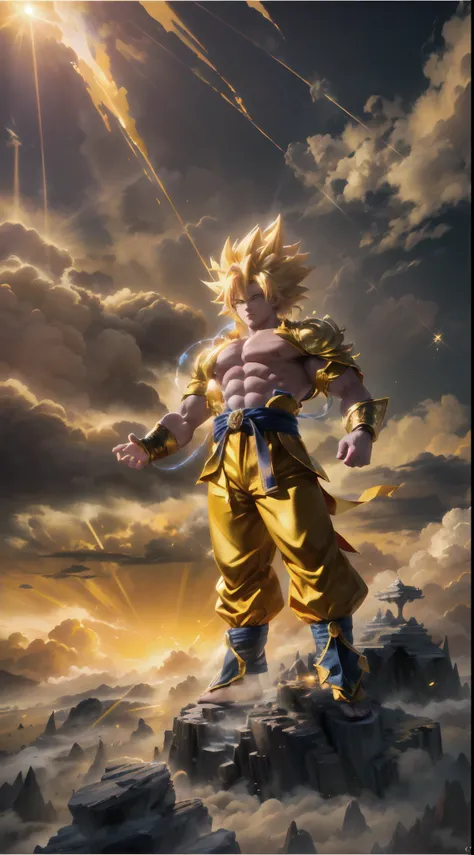 super Saiyan Sun Goku standing on a gold cloud,(best quality,highly detailed,masterpiece,HDR,UHD,64K:1.3),Professional,realistic,RAWphoto,Vivid Colors, stunning black and gold background, sky white cloud background, the cloud is super fast and pull out a l...