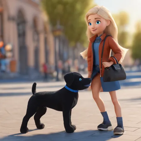 Blue-eyed, blond-haired girl with her black viral dog in a town square