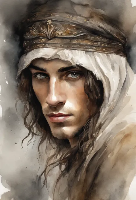 Digital art, black and gold, mysterious fantasy a men white boy with slightly slanted brown eyes, a typical Italian thin nose with freckles. medium wavy hair extremely black like the waves of the sea, 18 years old pale skin and striking eyebrows but not th...